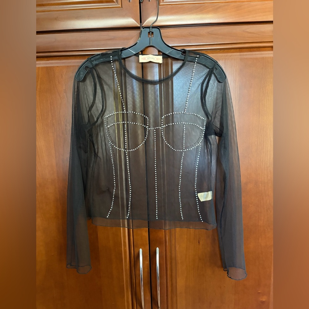 Women’s Black Mesh Top w/ Rhinestone Corset - size M